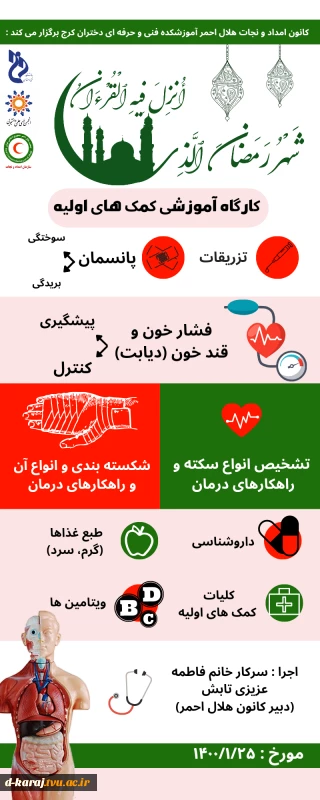 برگزاری کارگاه اموزشی کمک های اولیه در 4 جلسه در ماه مبارک رمضان توسط دبیر کانون امداد ، نجات و هلال احمر اموزشکده فنی و حرفه ای دختران کرج